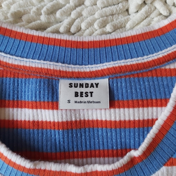 Sunday Best blue & orange striped short sleeve shirt- size small - Picture 5 of 6